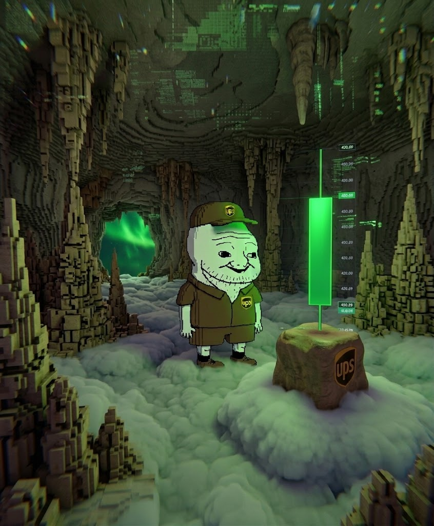 UPS wojak in a glowing green crypto cave