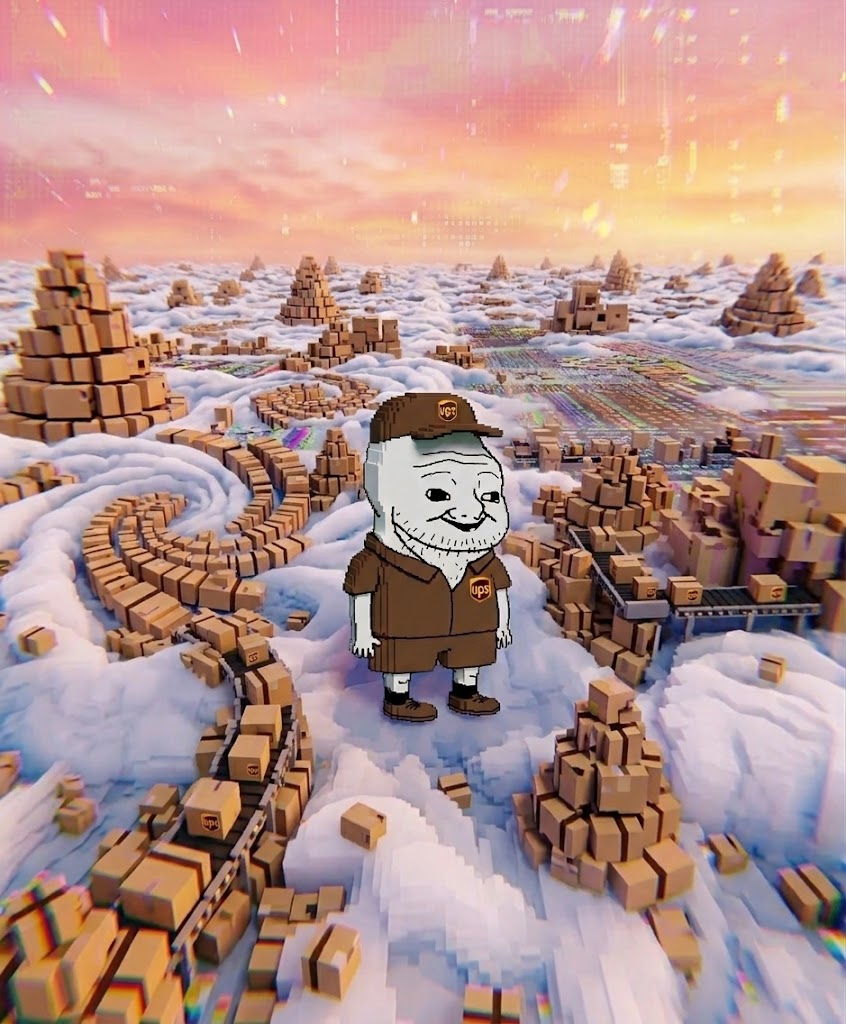 UPS wojak standing on endless mountains of boxes