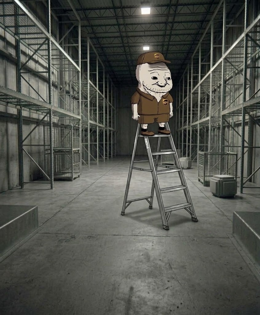 UPS wojak standing on a ladder in an empty warehouse